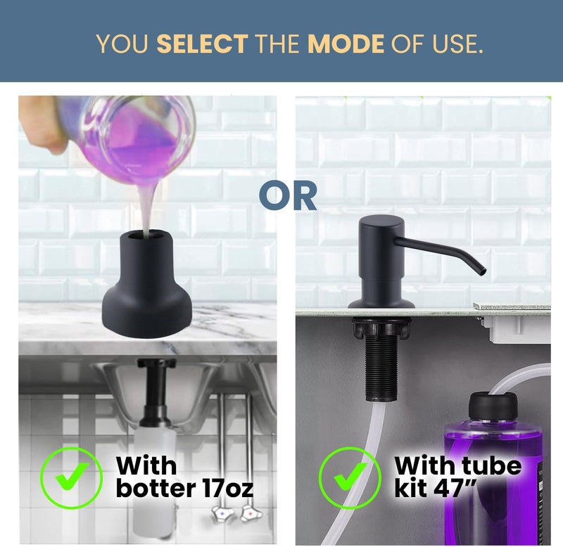 Sben Built-in Kitchen Sink Soap Dispenser – Stainless Steel Pump, 17 oz Bottle and Extension Tube Kit 47", Upgraded Metal Check Valve, Countertop Hand Soap & Lotion Dispenser (Matte Black) - Image 2